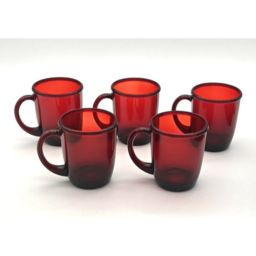 Vtg 5 Arcoroc France Ruby Red Glass Coffee Cup Mugs 10oz